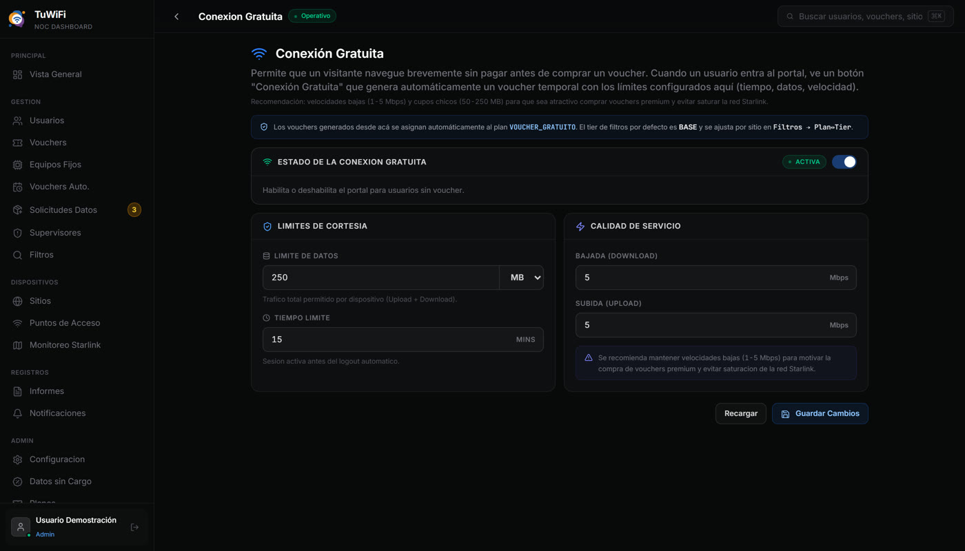 Configuración de la conexión gratuita de cortesía con límites de datos, tiempo y velocidad