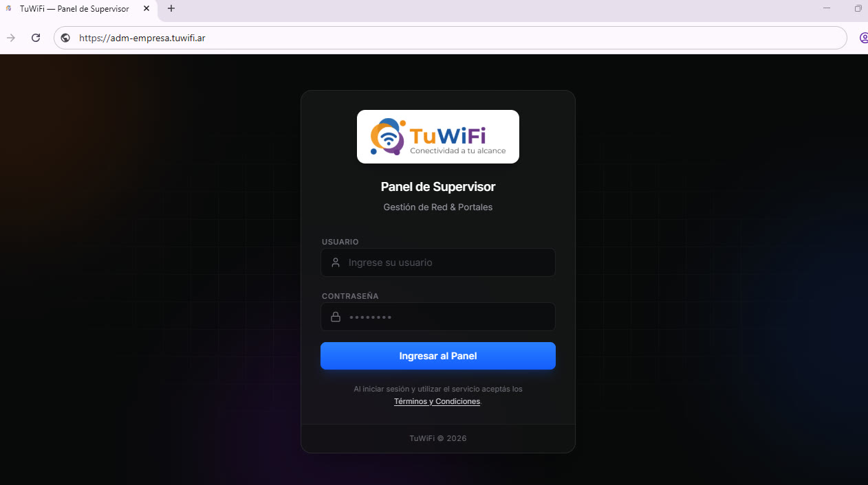 Pantalla de inicio de sesión del Panel de Supervisor de TuWiFi, con usuario, contraseña y aceptación de términos
