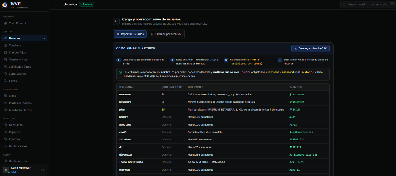Asistente de importación de usuarios por archivo CSV